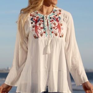 White Embroidered Tassel-Tie Open Front Top M‎